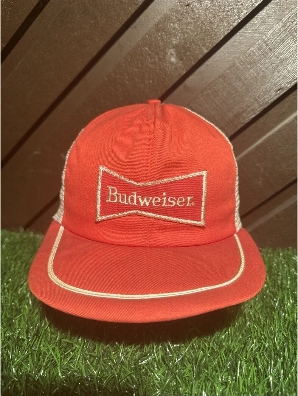 VTG Budweiser Trucker Hat Mesh Snapback Red Orange Bowtie Logo White Piping 80s